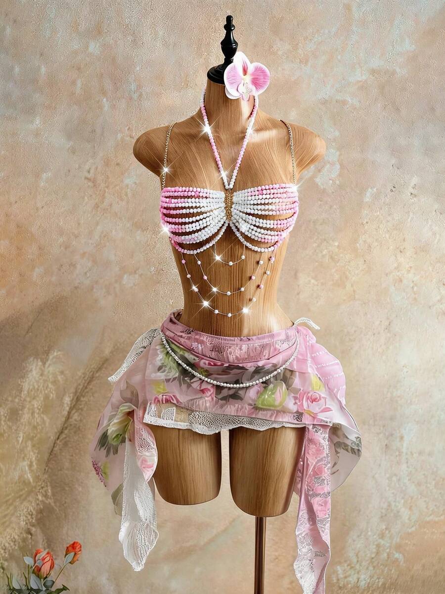 Mistrie 女士性感水晶串珠吊带背心,女士海岛海滩度假吊带背心 - 淺粉色 - 查看 1
