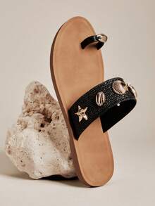 SHUZIA Women's Metal Decor Casual Fashionable Flat Sandals - Black - View 7