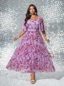 Viva Relle Plus Size Elegant Romantic Floral Print Long Pleated Dress - Purple - View 8
