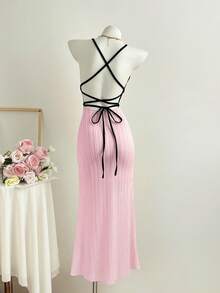 Flirla Women's Pink Textured Jacquard Deep V-Neck Backless Fitted Maxi Casual Vacation Dress - Pink - View 2