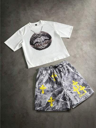 PAVTROS Pavtos Men's Street Style Sports & Casual Short Sleeve T-Shirt Set, Loose Fit Round Neck T-Shirt, Retro Street Style Unisex Couple Outfit, Music Festival, Skateboard, Citywalk Outfit, Boyfriend Gift