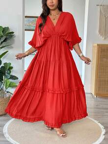 Vionelle Vestido regular con volantes y unicolor de estilo francés, talla grande, primavera/verano - Rojo - Ver 3