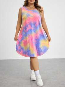 SHEIN CURVE+ 大码女式扎染印花无袖休闲连衣裙,女士夏季服装,女士防晒裙 - 彩色 - 查看 6