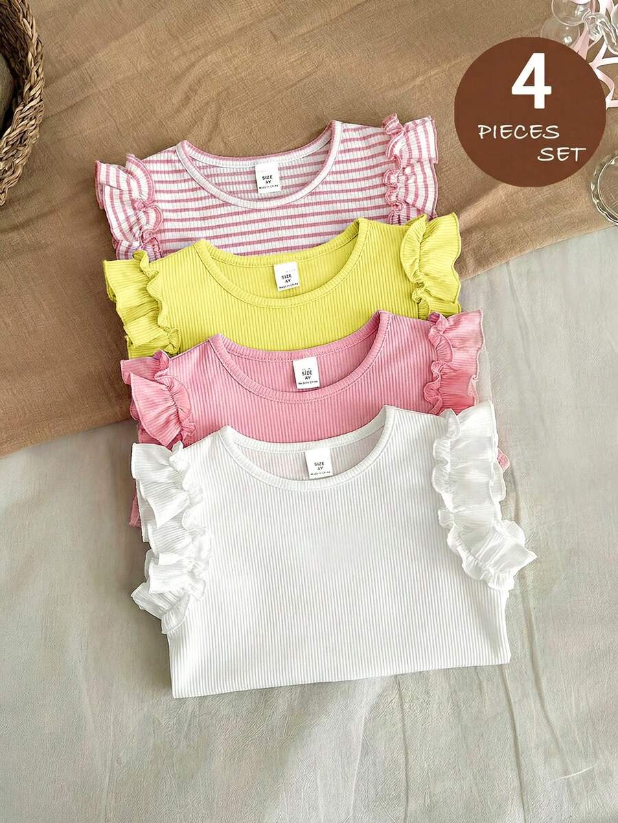 LMoss Kids 4pcs/Set Young Girl Casual Solid Color T-Shirts - Multicolor - View 1