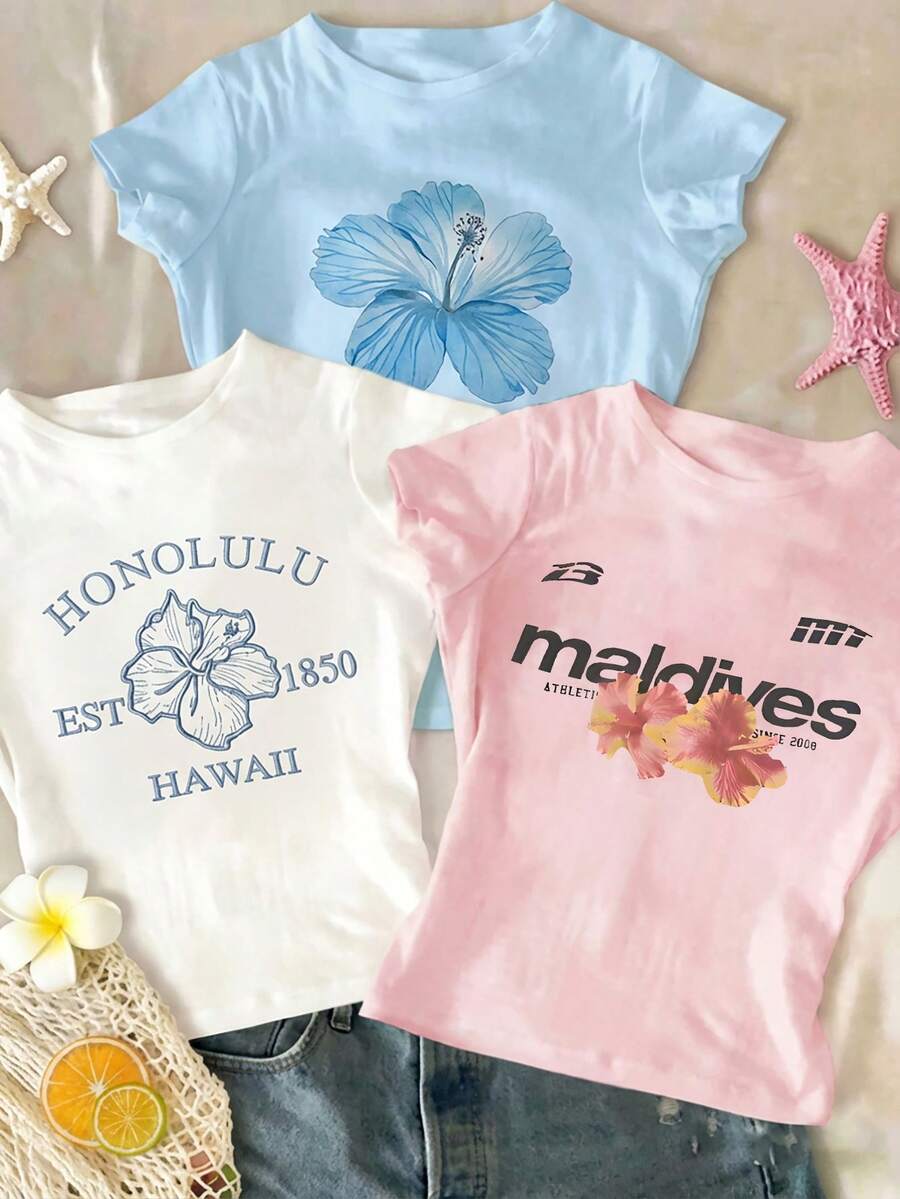 SHEIN Sparklyn 3件套少女花卉英文图案印花短袖T恤,休闲舒适,适合户外、运动、野餐、街头摄影、居家、学校、节日等场合,亦可作为礼物赠送。 - 彩色 - 查看 1