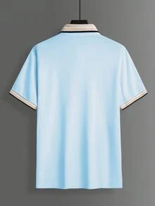 Calvornis Men's Jacquard Collar Embroidered Short Sleeve Casual Polo Shirt, Formal - Baby Blue - View 3