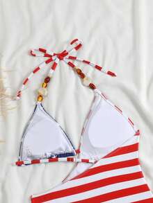 Swim SXY Shiny Fabric Contrast Color Beaded One-Piece Swimsuit - Multicolor - View 4