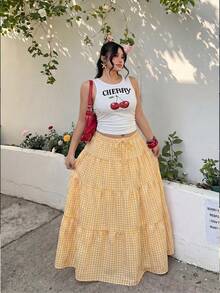 GalTyme 大码字母樱桃印花圆领背心和黄色格子印花迷你裙休闲两件套 - 黃色 - 查看 8