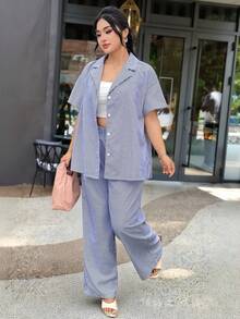 Modelyn Plus Size Women's Business Casual Vacation Commute Blue And White Print Drop Shoulder Loose Shirt And Wide Leg Pants Set, Spring/Summer - Blue - View 5