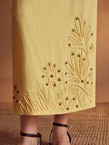 MOTF PREMIUM WOMEN'S LINEN ROPE EMBROIDERED BEADED VACATION SKIRT - Yellow - View 2