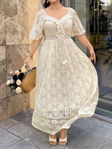 Modelyn Damen Kurzarm Boho Spitze Elegantes bequemes Sommerkleid in Große Größen - Aprikosenfarben - Übersicht 4