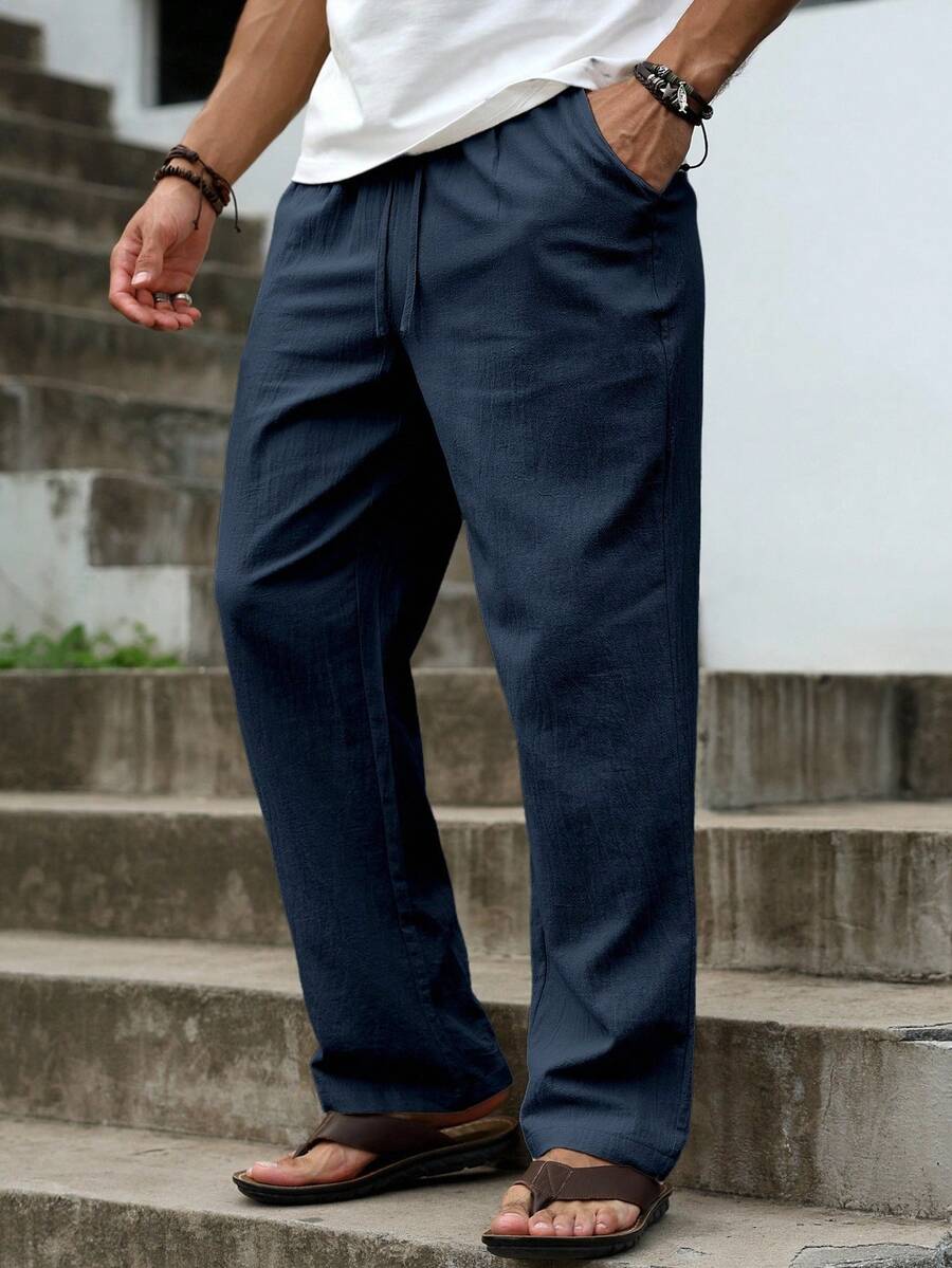 Palmeraft Celana Pria Ukuran Besar Warna Polos Katun dengan Tali Serut di Pinggang, Kasual Serbaguna untuk Pemakaian Sehari-hari, Liburan, dan Hari Raya - Navy Blue - View 1