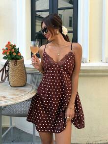 Serisse Women's Polka Dot Print Backless Camisole Mini Dress - Brown - View 7