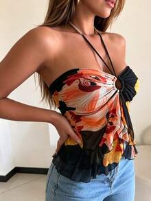 Resyla Women's Vacation Casual Floral Print Ruffle Trim Halter Neck Blouse - Multicolor - View 6