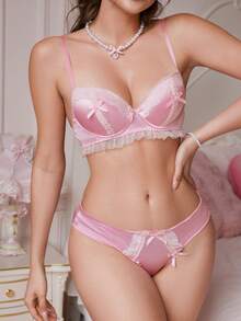 SHEIN Women's Sweet & Sexy Bow Decor Lace Patchwork Bra And Panty Set - Pink - View 2