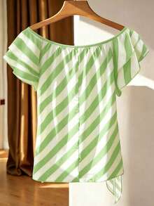 Franclia Plus Size French Style Off-Shoulder Ruffle Trim Striped Top - Lime Green - View 2