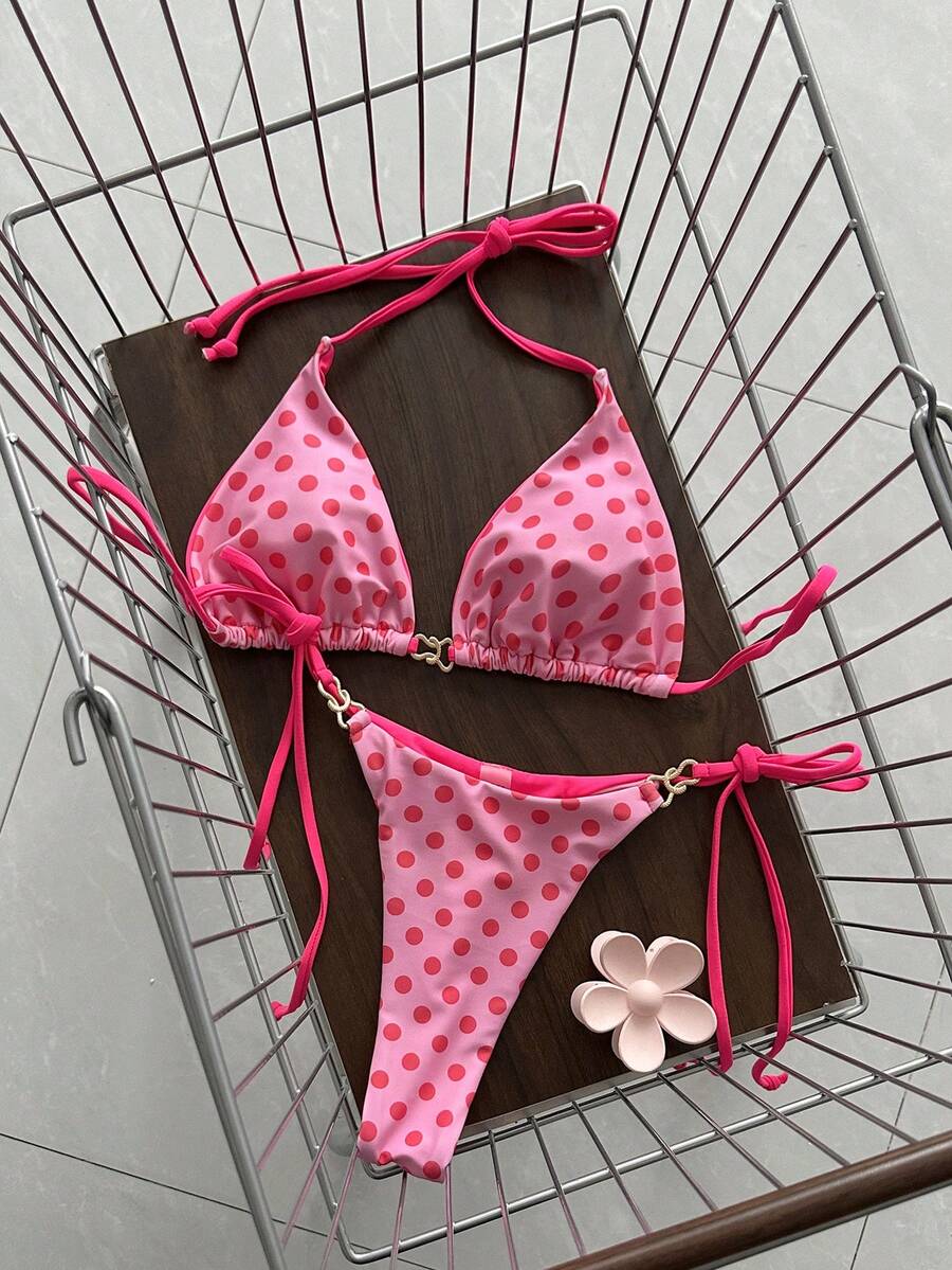 Swim Vcay Bộ bikini mùa hè đi biển dành cho nữ, gồm áo bikini tam giác không gọng buộc dây cổ và quần bikini buộc hông, họa tiết da rắn ngẫu nhiên. - Màu Hồng  Dưa hấu - Xem 1