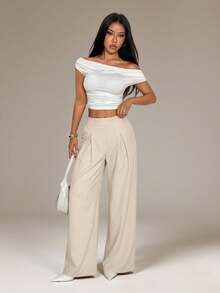 SHEIN PETITE Quần nữ màu trơn, thời trang mùa hè, quần ống rộng nữ, quần công sở nữ, quần nữ mùa thu/đông. - Màu Khaki - Xem 6