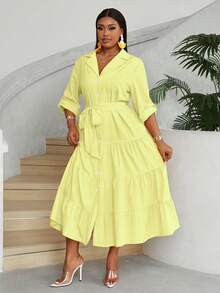 Maweii Plus Size Women's Elegant V-Neck Buttoned Front Long Sleeve Belted Dress With Layered Ruffle Hem Maxi Women Outfit - Light Yellow - View 3