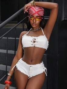 Jeanoix Áo croptop denim nữ gợi cảm, phong cách nghỉ dưỡng, có dây đeo ngực và tua rua, hở lưng, buộc dây phía trước. - trắng - Xem 5