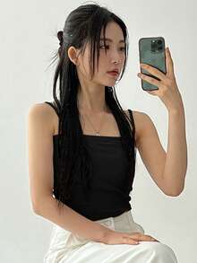 DAZY Women's Summer Solid Crop Cami Top - Black - View 3