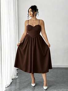 Elenzga Plus Size Women Solid Color Cinched Waist Spaghetti Strap Dress - Brown - View 4