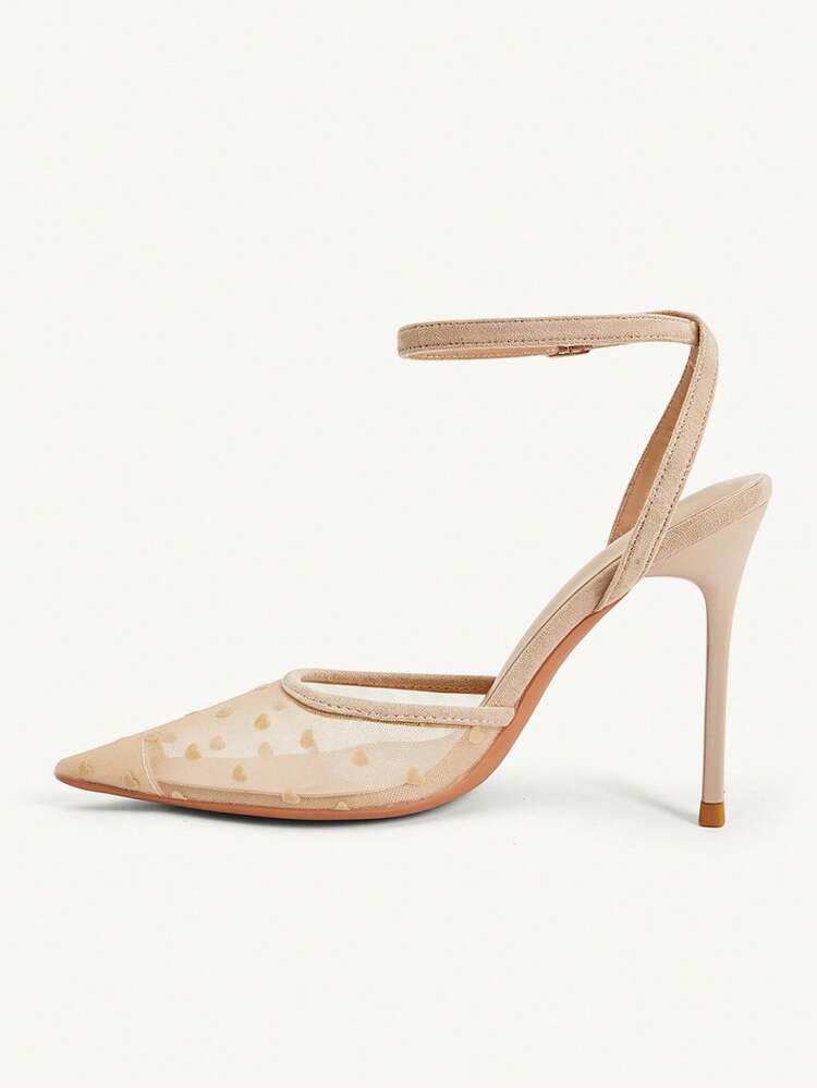CUCCOO CHICEST Women Shoes Pointed Stiletto Apricot Lace Love Mesh Ankle Strap Women's Shoes Simple Temperament Fashion Elegance Sexy Party Banquet Women's High Heel Shoes Women's Shoes