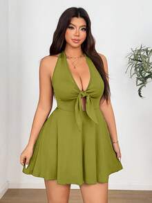 Sunnyshic Plus Size Elastic Knit Tie Bow Decor Dress - Olive Green - View 3