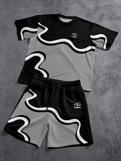 Manfinity ZONE917 Loose Street Graffiti Geometric Arc Icon Print Black Short Sleeve T-Shirt And Shorts Set, Suitable For Spring And Summer (High Quality)