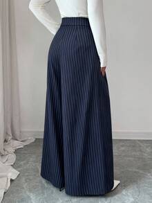 Elenzga New Women's Woven Striped Mid-Waist Side Zipper Decorated Button Design Wide Leg Spring/Autumn Casual Daily Versatile Elegant Pants - Multicolor - View 2