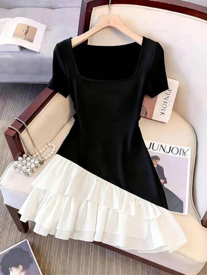 SHEIN Franclia Women's Square Neck Contrast Color Asymmetrical Ruffle Hem Elegant Minimalist Fashion Dress
