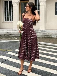 Serisse Women's Polka Dot Print Spaghetti Strap Mid-Length Dress - Brown - View 5