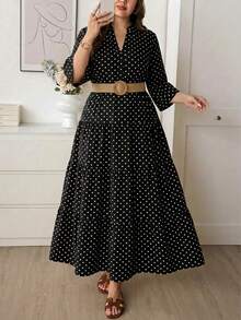 SHEIN LUNE Đầm tay loe họa tiết chấm bi thanh lịch, dáng rộng, thích hợp cho nữ cỡ lớn, phù hợp cho mùa thu/đông. - màu đen - Xem 5