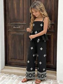 SHEIN 青少年女孩刺繡細肩帶背心與休閒長褲套裝 度假風 黑色 夏季 - 黑色 - 查看 3
