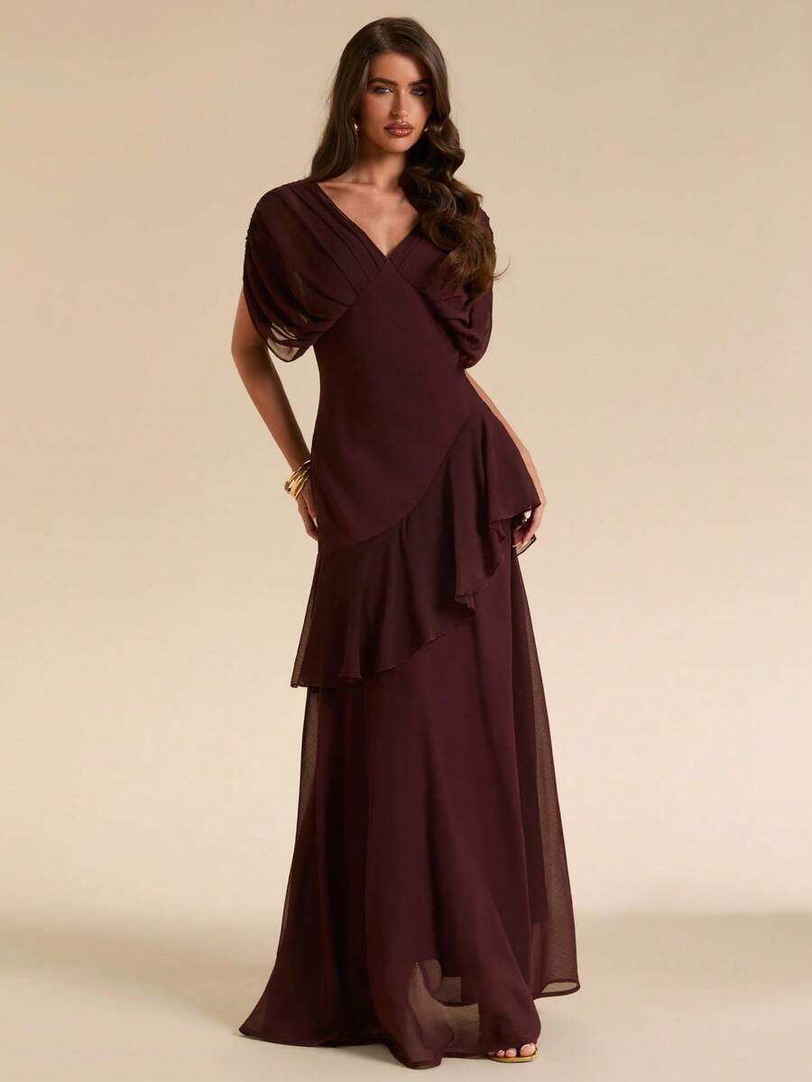 SHEIN BAE Women's Solid Brown Deep V-Neck Sheer Ruffle Hem Maxi Chiffon Dress, Elegant For Spring/Summer - Burgundy - View 1