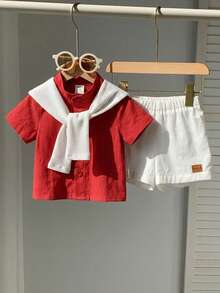 Set Baju Lengan Pendek dan Celana Pendek Pinggang Elastis Gaya Sekolah Kasual Lucu untuk Bayi Laki-laki Baru Lahir - Red and White - View 4