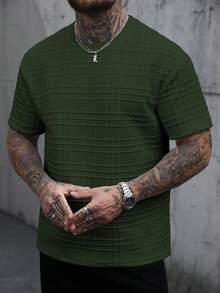 Manfinity Homme 男士素色圓領休閒百搭日常穿著短袖T恤，度假款 - 軍綠色 - 查看 7