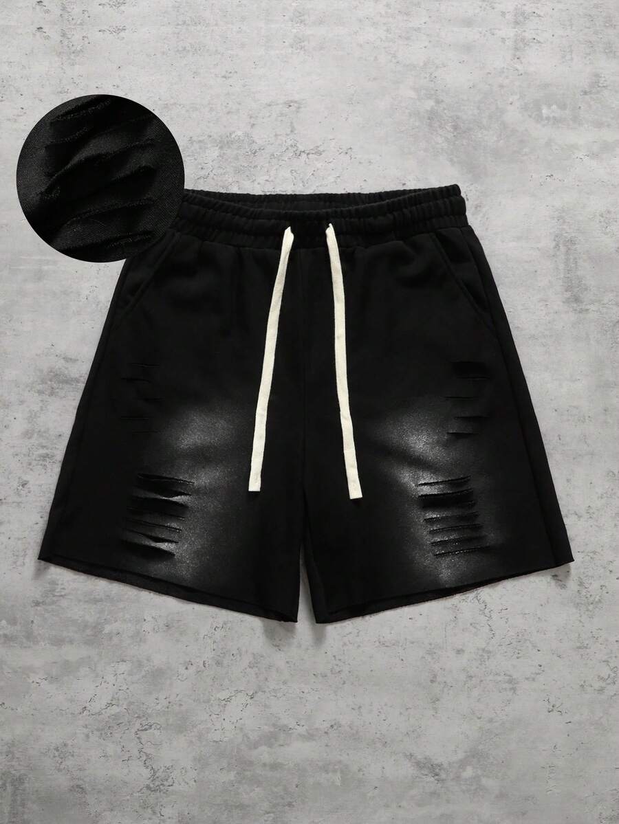 ROMWE MEN Pantalones cortos de mezclilla desgastados con estampado de caballo para hombres - Negro - Ver 1