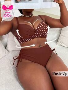 Swim Mod Conjunto de 2 piezas de bikini con aros para mujer de talla grande, estampado aleatorio, atuendo casual de vacaciones - Marrón - Ver 1