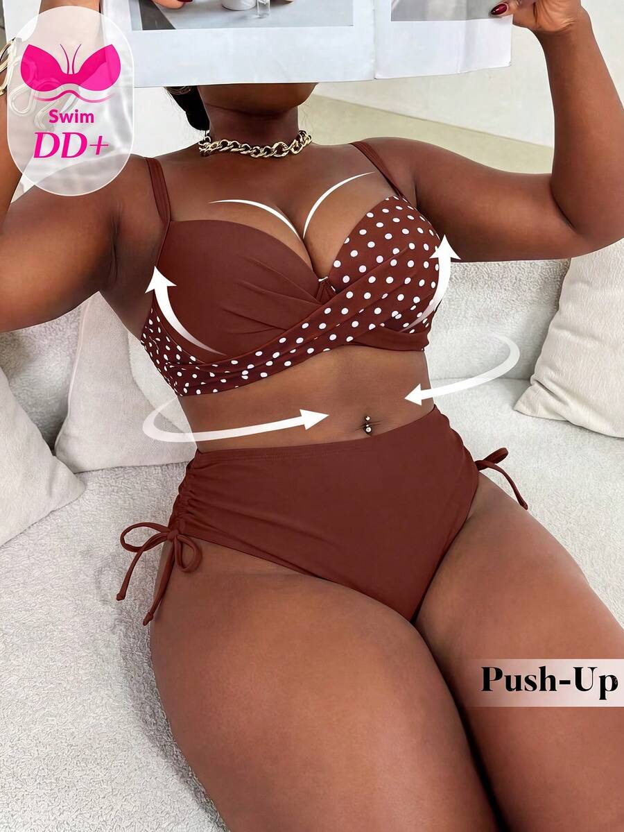 Swim Mod Conjunto de 2 piezas de bikini con aros para mujer de talla grande, estampado aleatorio, atuendo casual de vacaciones - Marrón - Ver 1