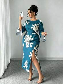 Elenzga Đầm maxi cỡ lớn dành cho nữ, thanh lịch, tối giản, thích hợp mặc đi làm hàng ngày, hẹn hò, dự tiệc, gợi cảm, xẻ tà ở cổ tay, ôm sát, màu mơ, họa tiết hoa đen. - Fresh Green - Xem 6