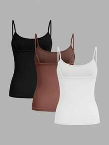 Bộ 3 áo hai dây nữ cơ bản, thoải mái, tối giản màu đen, trắng, nâu, thích hợp mặc ở nhà mùa xuân/hè. - Nhiều màu - Xem 2