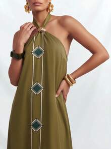 Zivah Đầm đi biển thanh lịch phong cách Bohemian mới năm 2026, chất liệu vải lanh mềm mại, điểm nhấn là phụ kiện kim loại, chi tiết buộc dây, họa tiết in màu xanh lá cây, đầm buộc dây, đầm đi biển thanh lịch phong cách Bohemian, đầm đi biển thoải mái, đầm nữ. - màu xanh lá - Xem 4