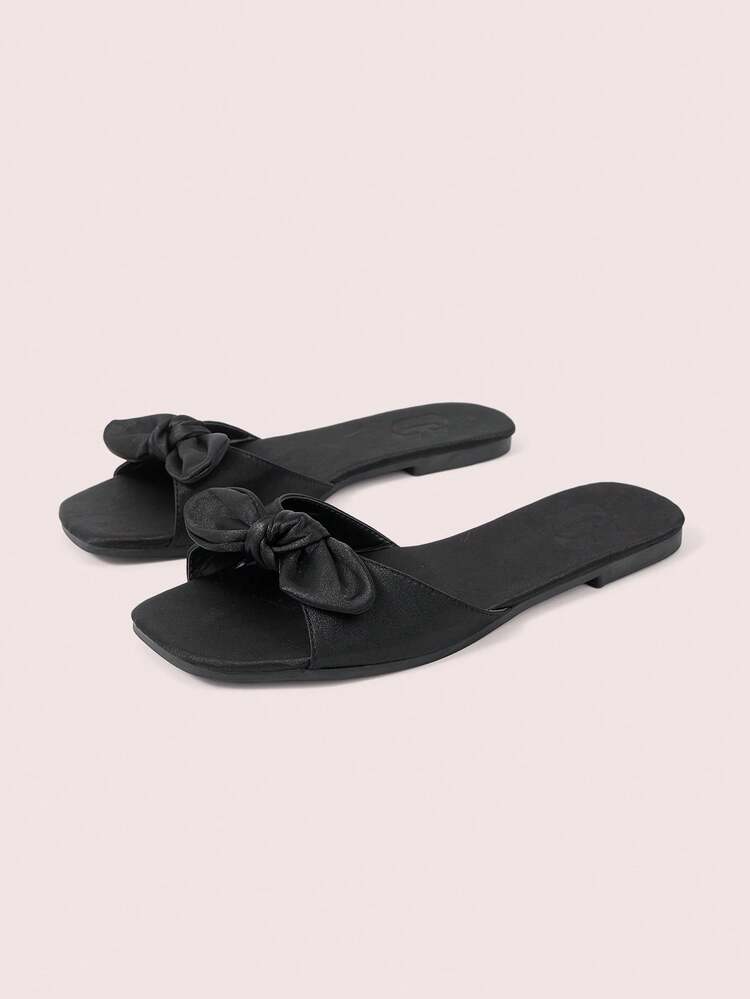 CUCCOO DOLLMOD Women Shoes Black Satin Satin Fashion Bow Element Resort Beach Flats Sandals