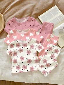 2 conjuntos aleatorios de 3 conjuntos de pijama, estampado de corazones con lunares y flores rosas, conjunto esencial de verano para niñas, ropa de verano linda, estilo coreano, cómoda y versátil, ropa infantil de moda, estética Y2K, Kawaii, conjunto para fiesta, uso diario casual, conjunto para vacaciones, adorable y cómodo, artículo, estilo campestre, ropa de estar en casa los fines de semana, conjunto para sesión de fotos, relajado y cómodo - Multicolor - Ver 4