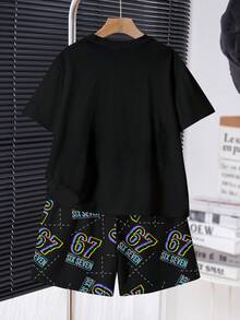 Tween Boy Casual Comfortable Minimalist Round Neck Short Sleeve T-Shirt And Shorts Set, Classic Cool 6,7 Text And Graffiti Print Pattern, Suitable For Spring And Summer - Multicolor - View 4