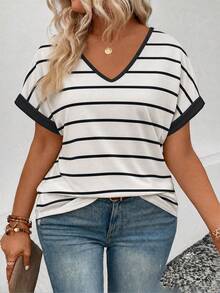 EMERY ROSE New Arrival Plus Size Women's Fashion Casual Versatile Striped Contrast V-Neck Short Sleeve T-Shirt - Multicolor - View 4