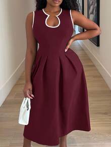 Alexandranx Solid Color U-Neck Waist A-Hem Dress, Contrasting Trim Dress, Elegant Women's Dress, Women's Office/Commuting Wear,Summer Dresses For Women - Burgundy - View 3