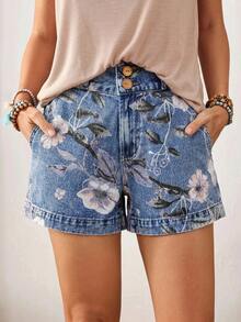 SHEIN LUNE Shorts vaqueros casuales de mujer con estampado floral, cintura alta y bolsillos en diagonal - Azul - Ver 5