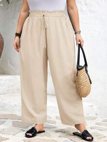 SHEIN CURVE+ Taille 22 US Curve - Festival de musique, vacances à mer, style bohème - CURVE PLUS / Pantalon fuselé décontracté à taille haute et cordon de serrage pour femme, idéal pour les vacances, l'été, les tenues champêtres décontractées, le style cowboy ou les tenues d'enseignante. - Nude - Voir 9